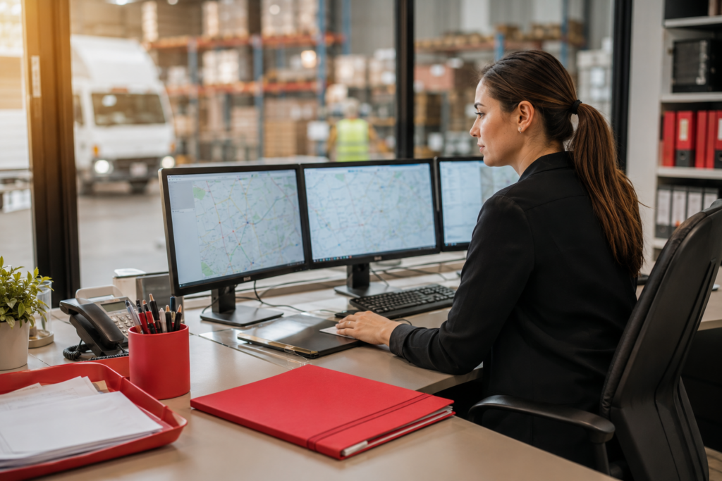 AI freight dispatch - logistics dispatcher dual screen office warehouse