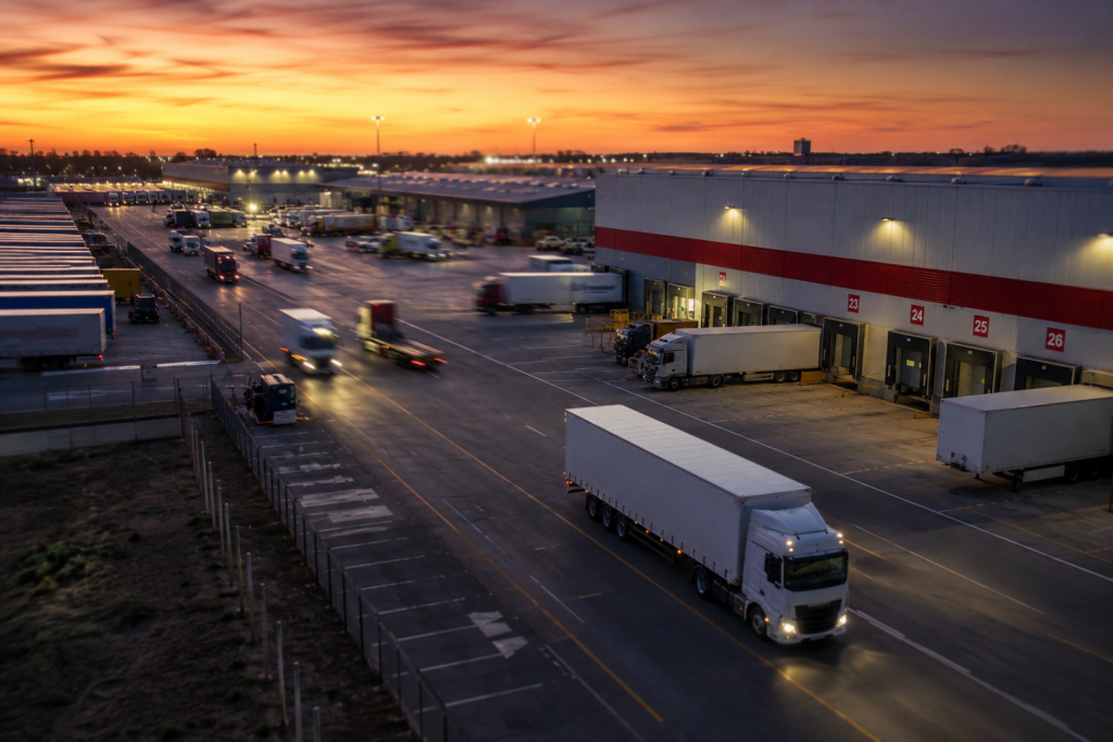 AI freight dispatch - freight yard aerial dusk logistics hub vehicles