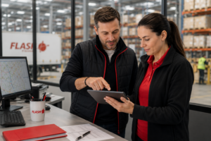 AI freight dispatch - logistics professionals tablet warehouse collaboration