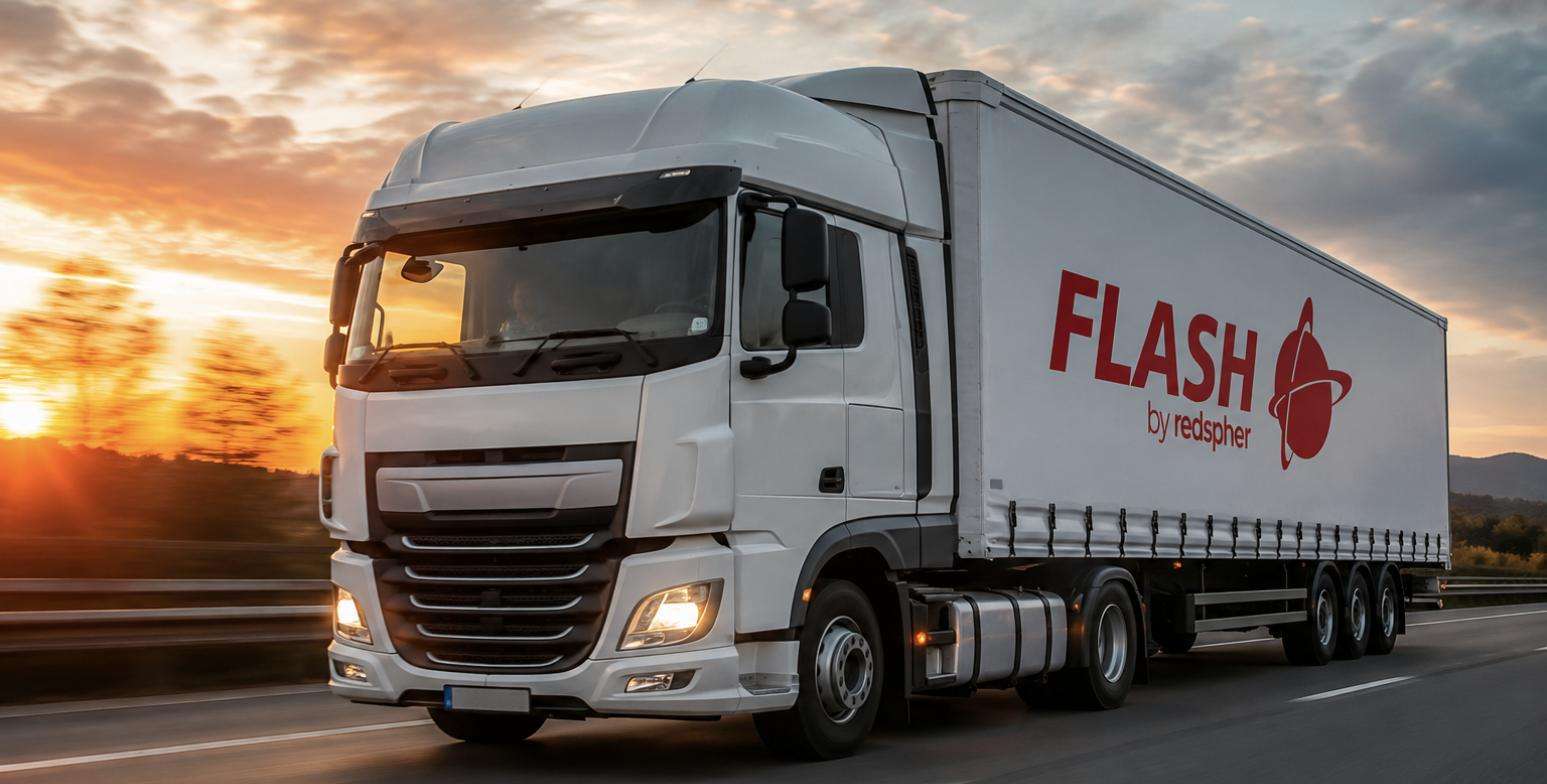 Flash by Redspher tractor and curtain-side trailer at sunset