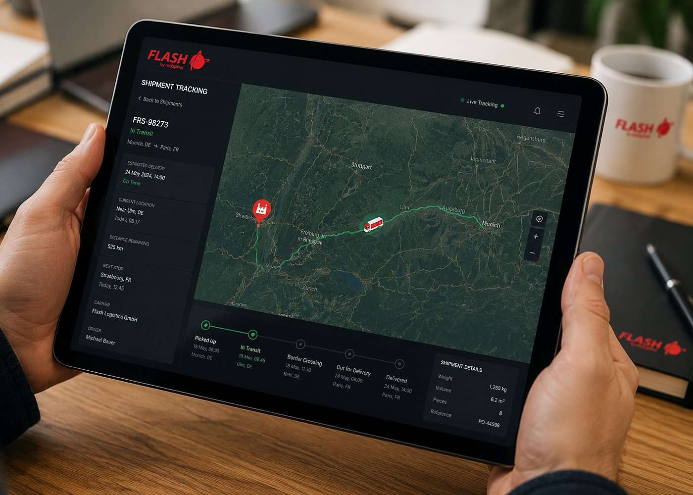 Flash by Redspher shipment tracking on a tablet