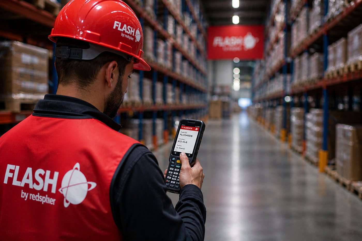 Flash by Redspher warehouse operator scanning a pallet